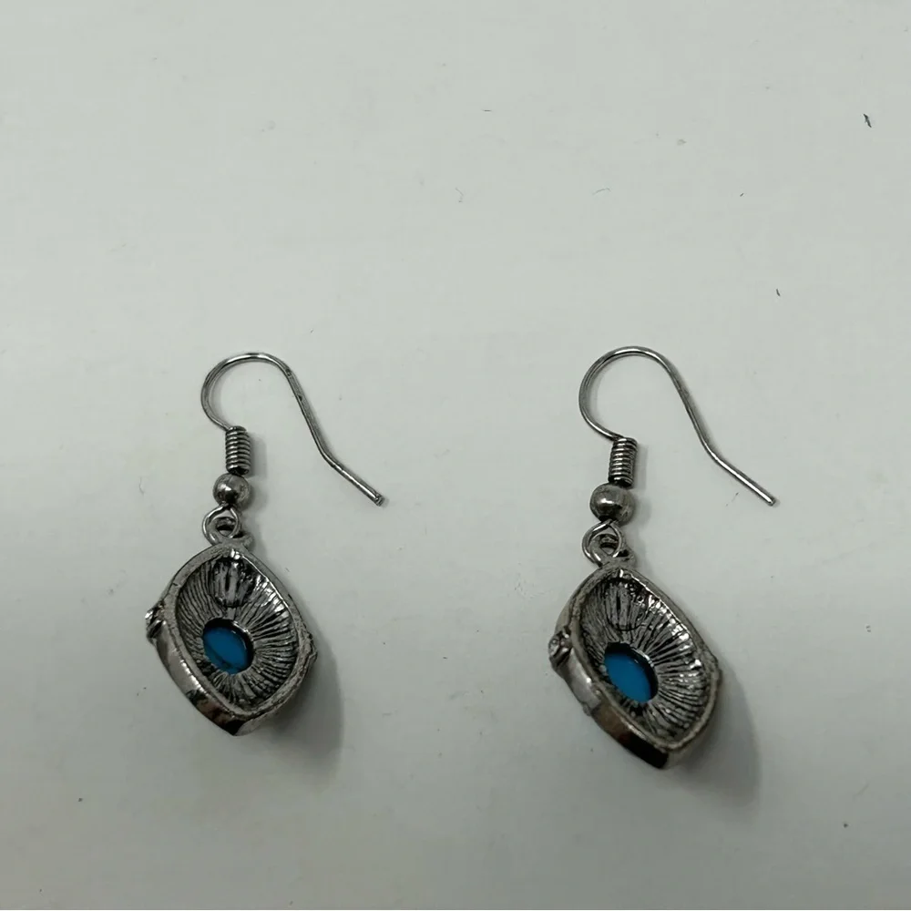 Southwestern Faux Turquoise Diamond Shape Silver Tone Dangle Earrings